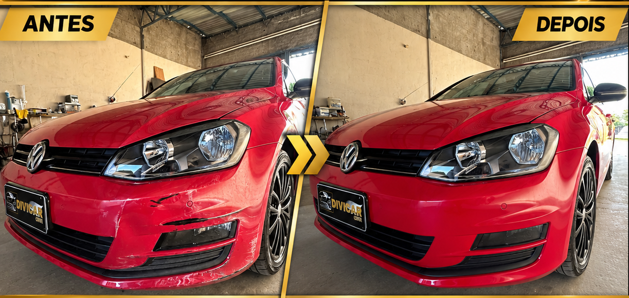 Antes e depois de reparo em veículo vermelho